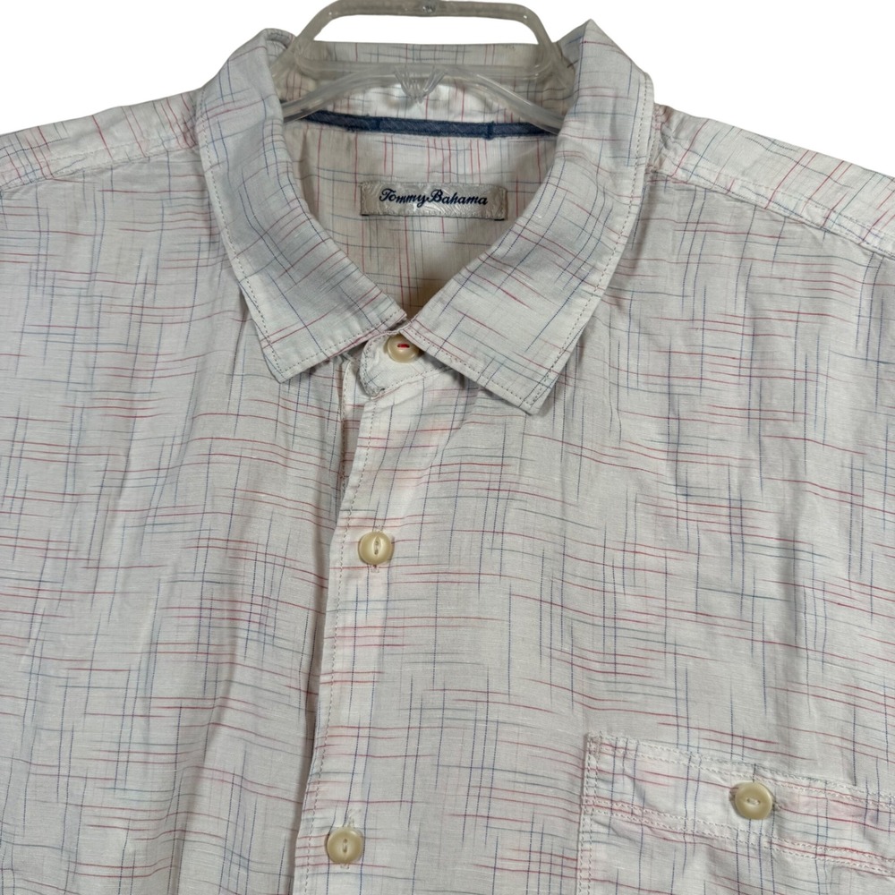 Tommy Bahama Button Down Men 3XLT White Linen Blend Short Sleeve Grid Shirt